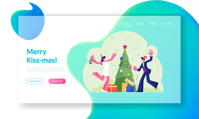 Happy Company of Colleagues or Business People Office Party Website Landing Page. New Year or Christmas Celebration at Work with Decorated Xmas Tree Web Page Banner. Cartoon Flat Vector Illustration