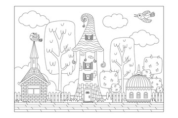 Fabulous town of different houses. Sheet for children's coloring books. Vector