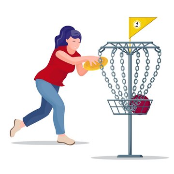 Woman throwing a frisbee disc to the basket.