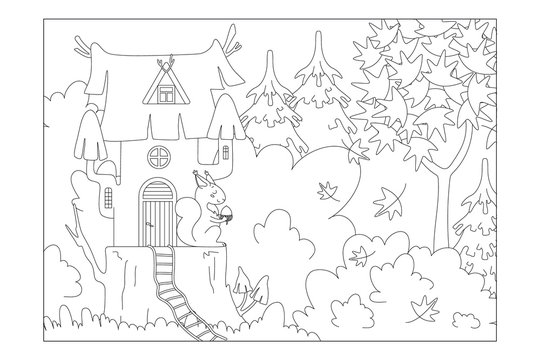Squirrel house on a stump in the woods. Sheet for children's coloring books. Vector