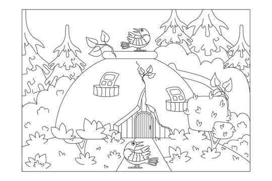 house from an old broken Cup in the woods. Sheet for children's coloring books. Vector