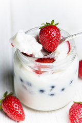 blanmange with cottage cheese, milk, gelatin and strawberries with blueberries