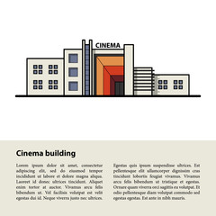Cinema building. Front view. Template for your text at the bottom on a gray background.