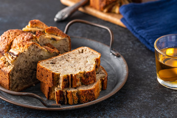 Sliced Banana Bread. Delicious banana bread with chia seeds. Copy space.