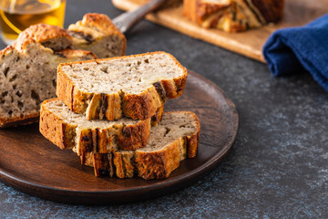 Sliced Banana Bread. Delicious banana bread with chia seeds. Copy space.