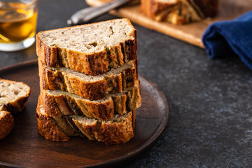 Sliced Banana Bread. Delicious banana bread with chia seeds. Copy space.