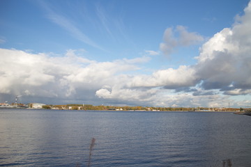 River landscape in the city on a sunny day