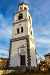 Obraz premium Metropolitan Church or Church of the Assumption of St. Mary bell tower from 1892 in the town of Samokov, Sofia Province, Bulgaria