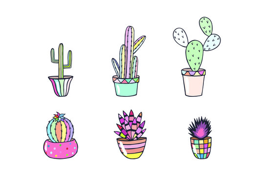 cactus in pots. eps10 vector illustration. art line. hand drawing