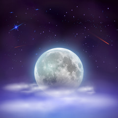 Night sky with full moon hidden behind clouds. Magical mystical night with stars and falling comets. Vector Illustration.