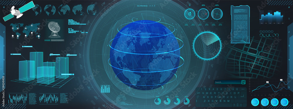 Fototapete GUI earth globe in HUD style. Futuristic interface and hologram Earth globe. Command center dashboard, Futuristic User Interface HUD. Scan of the globe. Vector illustration fui, world map.