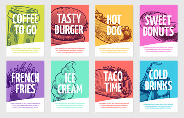 Fast food flyers. Coffee, burger and hotdog, pies and fries, ice cream and cola, sandwich. Restaurant posters vector set