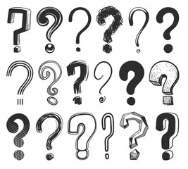 Sketch question marks. Hand drawn color interrogation signs, scribble ask question symbols. Doodle isolated vector set