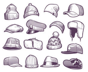 Sketch hats. Fashion mens caps design. Sports and knitted, baseball and trucker cap, seasonal headwear drawing vector collection