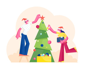 Happy Man and Woman Decorating Christmas Tree Put Balls on Branches and Star on Top. Characters Preparing for New Year and Xmas Celebration. Winter Season Holidays Cartoon Flat Vector Illustration