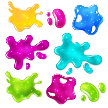 Color Slimes. Glossy Goo Yellow, Purple, Green And Blue Slime Blots. Girly Dripping Toys Vector Isolated Set