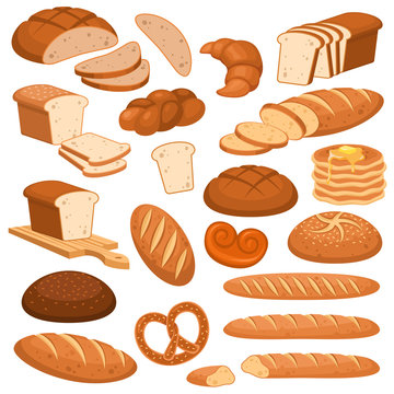Cartoon bread. Bakery rye products, wheat and whole grain sliced bread. French baguette, croissant and bagel, toast vector menu design