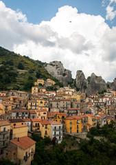 Obraz premium Panoramic view of Castelmezzano, tipical italian little village on appenini mountains, province of Potenza, in the Southern Italian region of Basilicata