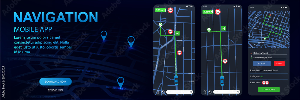 Poster Navigator gps, mockups screens UI/UX/KIT mobile app. Thoughtful and simple application shows roads, speed limit, time. dark app pleasing to the eye in the dark. UI Flat design. Vector Navigator gps 