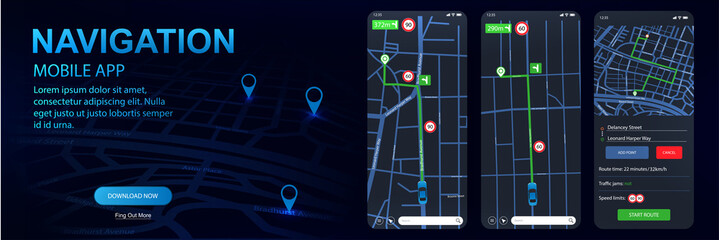 Navigator gps, mockups screens UI/UX/KIT mobile app. Thoughtful and simple application shows roads, speed limit, time. dark app pleasing to the eye in the dark. UI Flat design. Vector Navigator gps 
