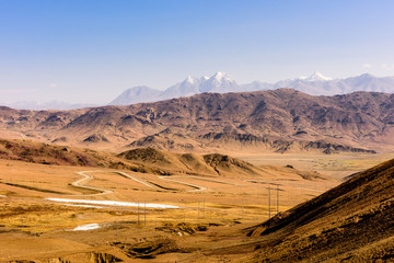 Fototapeta na wymiar View from the Tibetan plateau to the Himalayan mountains. Tibet. China