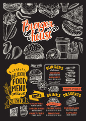 Burger menu food template for restaurant with doodle hand-drawn graphic.