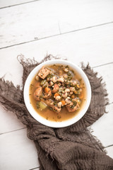 Minestrone Soup. Italian vegetable soup with beans and sausage healthy version