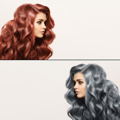 Collage. Two portraits of a cute woman with different hair colors. White background.