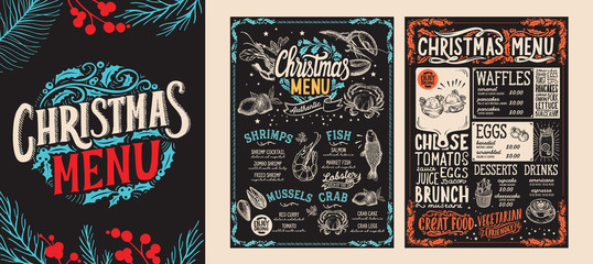 Christmas and New Year food menu template for restaurant. Vector illustration for holiday dinner celebration with hand-drawn lettering. - obrazy, fototapety, plakaty
