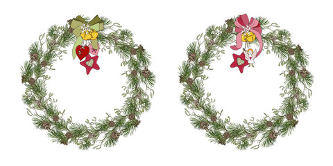 wreath of pine branches with cones, bow and Christmas toys, template for postcards, posters, advertising, greetings vector illustration