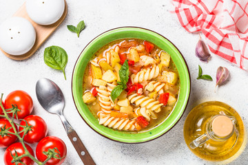 Minestrone with vegetable and pasta top view.