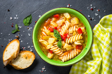 Minestrone with vegetable and pasta top view.