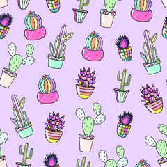seamless pattern of cactus in pots. eps10 vector illustration. art line. hand drawing