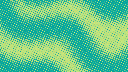 Wavy green and turquoise pop art retro background with halftone dots design in comic style, vector illustration eps10