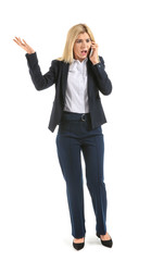 Obraz premium Beautiful stylish businesswoman talking by phone on white background