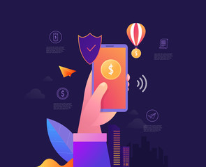 Mobile data security isometric vector illustration. Online payment protection system concept with smartphone and credit card.