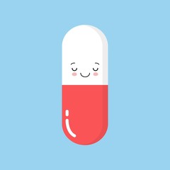 Cute happy smiling medicine pill capsule. Vector flat cartoon character illustration icon design. Isolated on blue background. Kawaii style