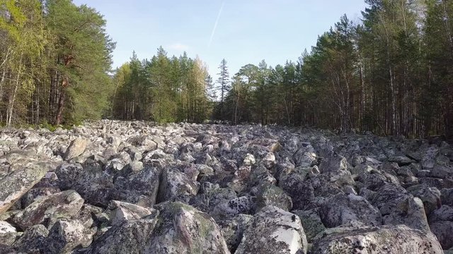 Taganay National Park in Russia in Autumn. Aerial View of "Big Stone River", Biggest Deposit Occurrence of Aventurine Quartz
