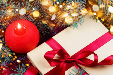 New Year gift box under Christmas tree.