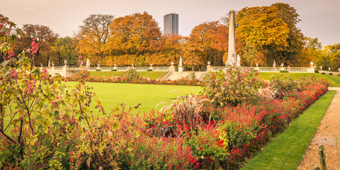 Obraz premium Tour Montparnasse seen from the Luxembourg Gardens, Jardin du Luxembourg in Paris France on an Autumn day, Paris in the Fall