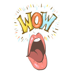 Sexy open female mouth screaming and Wow speech bubble. Vector bright background in comic retro pop art style.