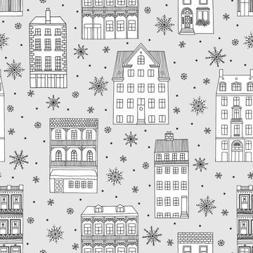 Seamless pattern with hand drawn houses and snowflakes, winter background illustration
