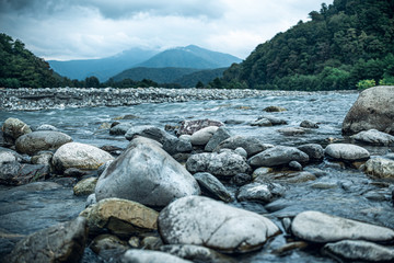 Mountain river in the vast North Caucasus mountains. the river the Shah. cloudy sky