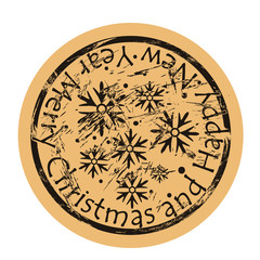 Obraz na płótnie Canvas Merry Christmas and Happy New Year stamp. Snowfall print vector round shabby emblem, old retro style. Snowflakes sign. Round seal imitation. Snow emblem on craft paper background. Vintage grunge icon.