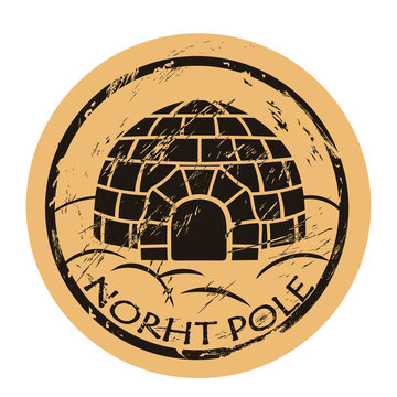 North Pole vector round shabby emblem design with igloo in old retro style. Ice house igloo sign round seal imitation. House from ice blocks logo on craft paper background. Vintage grunge icon stamp.