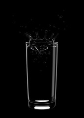A splash of water in a glass on a black background. 3D illustration