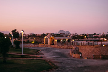 Resort town, building at sunset