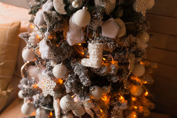 Christmas tree decoration. Holidays concept. Cosy room with eco decor.