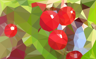 Low poly abstract green background with red berries