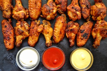 Fried chicken wings. Chicken wings on a dark background on a blackboard. Barbecue meat, grill. Sauce in bowls, ketchup, mayonnaise, mustard, cheese sauce. Appetizing fried meat. Place for your text
